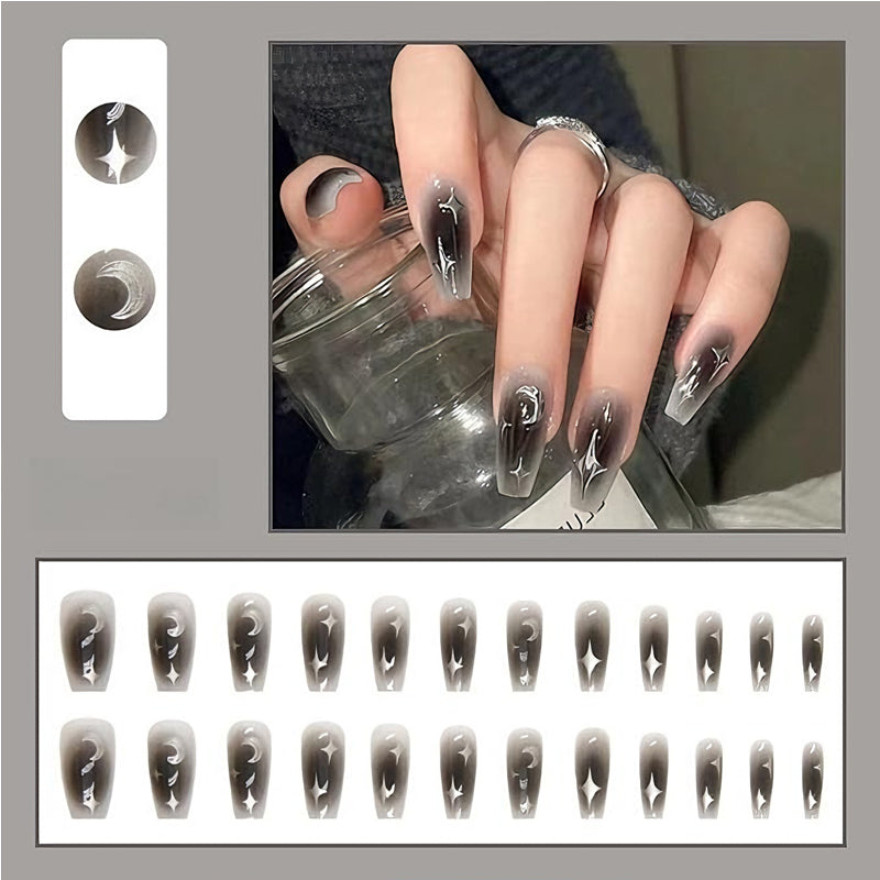 24 PCS Black Silver Star Nail Art, Long Length Long Water Pipe Fake Nails,Square Head Nail Tips False Nail EX-STOCK Canada 