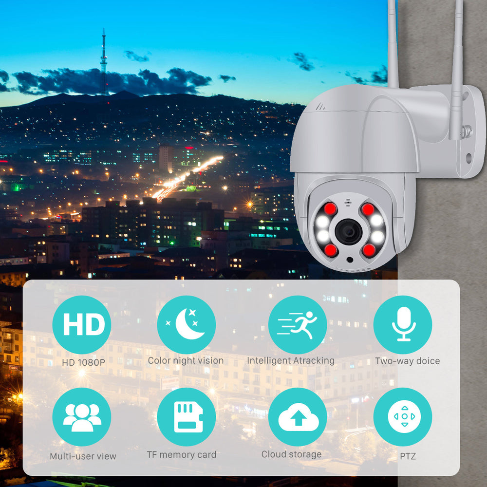 Security camera with features overlay on a cityscape background