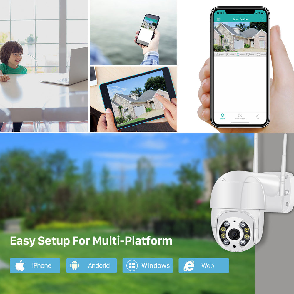 Collage of a security camera, smartphone app, and outdoor view with text on easy setup for multi-platform devices.