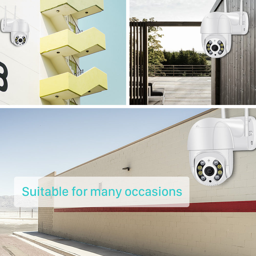 Outdoor security camera system with various installation scenarios on a building.