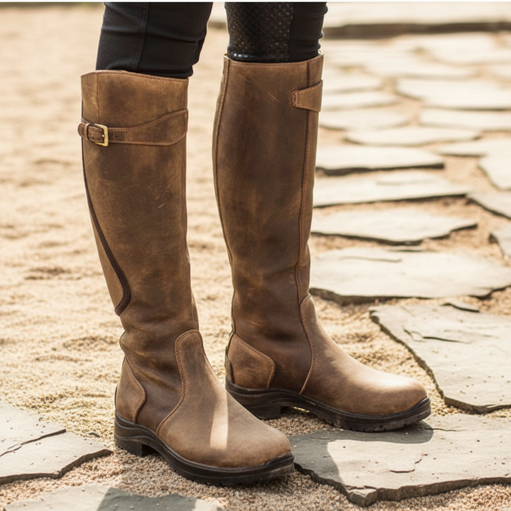 A pair of knee-high brown leather boots with side buckle straps, worn with black leggings on a stone path.