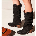 Women's Block Heel Slouchy Knee-High Boots – Retro PU Leather Stacked Heel black 