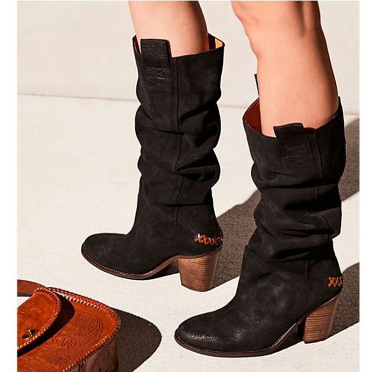 Women's Block Heel Slouchy Knee-High Boots – Retro PU Leather Stacked Heel black 