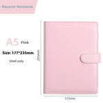 Pink notebook with dimensions and product name on a white background