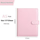 Pink notebook with dimensions and product name on a white background