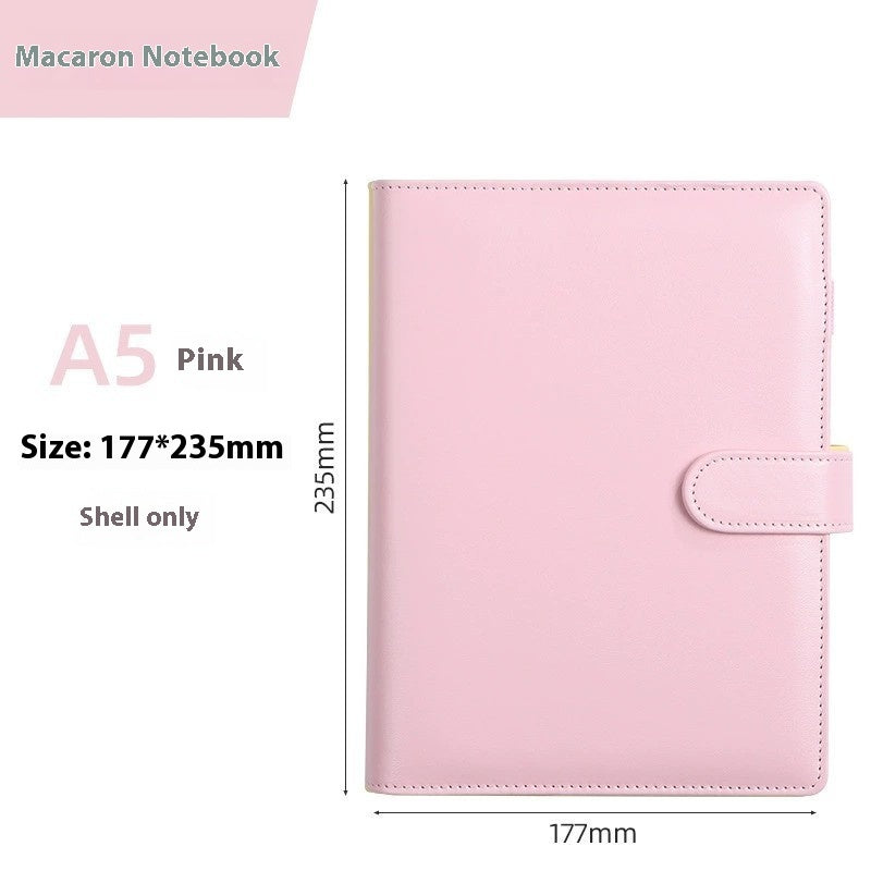 Pink notebook with dimensions and product name on a white background