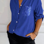 Casual Button-down Long Sleeve Shirt With Sequin Pocket Design Fashion Commuter Top Women Clothing - EX-STOCK CANADA