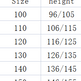 A size chart table showing sizes in centimeters from 100 to 170, with corresponding height measurements in two columns.