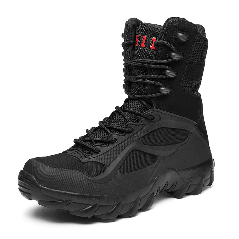Black tactical boot with a brand logo on a white background
