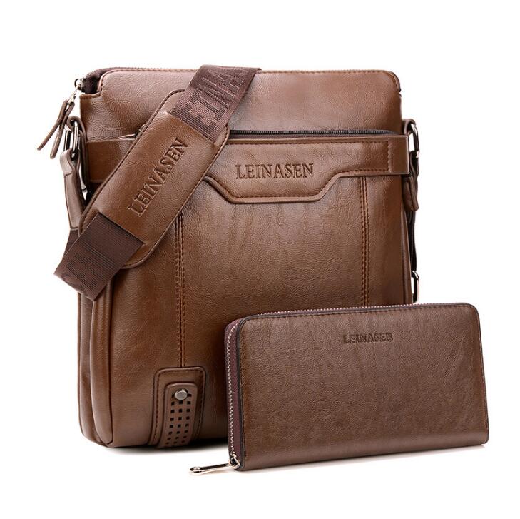 Brown leather bag and wallet set with 'LEINASEN' branding on a white background