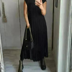 Women Summer Pleated Maxi Dress Casual Short Sleeve Crewneck Flowy Swing Long Dress with Pockets - EX-STOCK CANADA