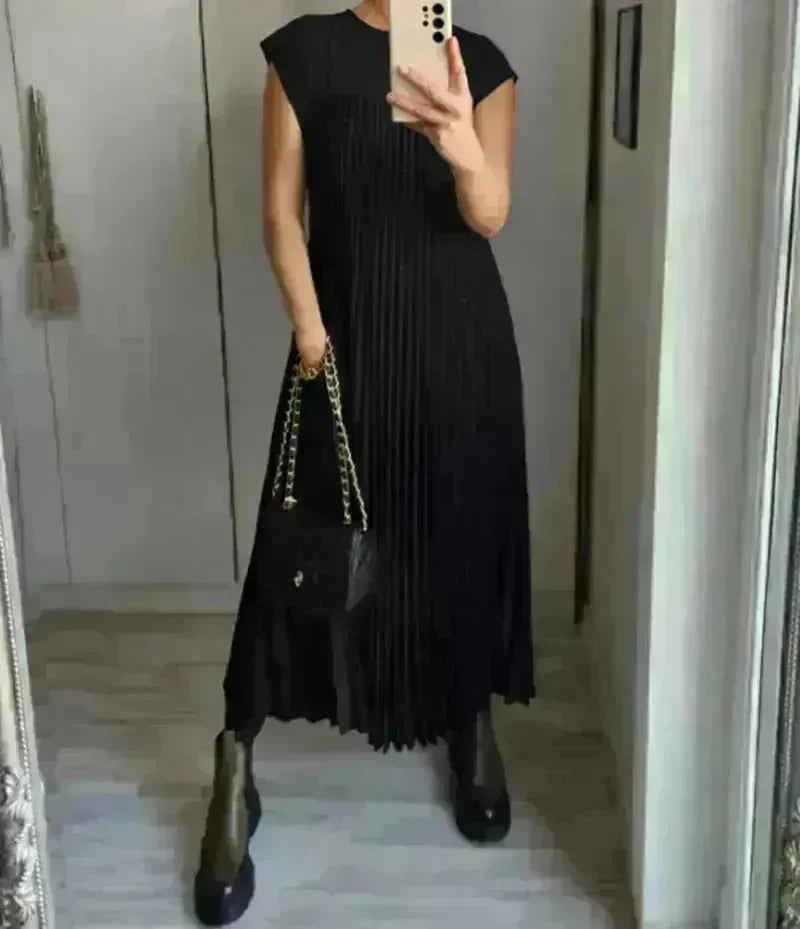 Women Summer Pleated Maxi Dress Casual Short Sleeve Crewneck Flowy Swing Long Dress with Pockets - EX-STOCK CANADA