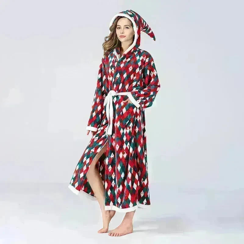 Christmas Sleepwear Women Fleece Hooded Bathrobe Plush Long Robe Winter - EX-STOCK CANADA