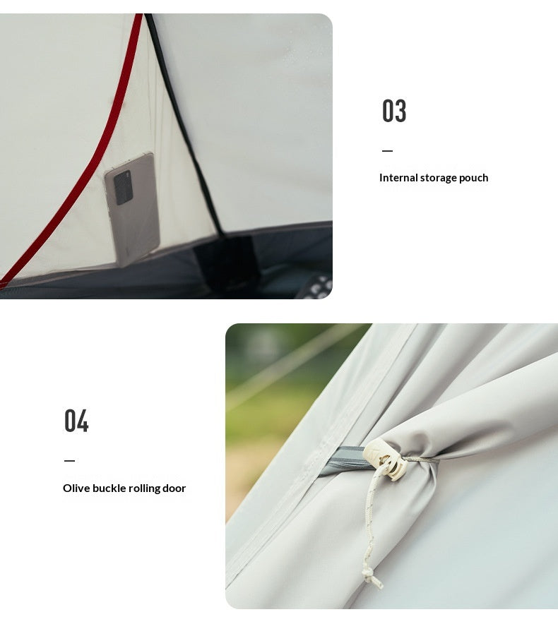 Two detail close-ups of a tent or camping shelter: one showing an internal storage pouch and one showing an olive buckle rolling door closure, with numbered callouts on a white layout.