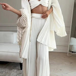 Women's White Pleated Pearl-Strap Three-Piece Wide-Leg Pants Suit (XS–XL)