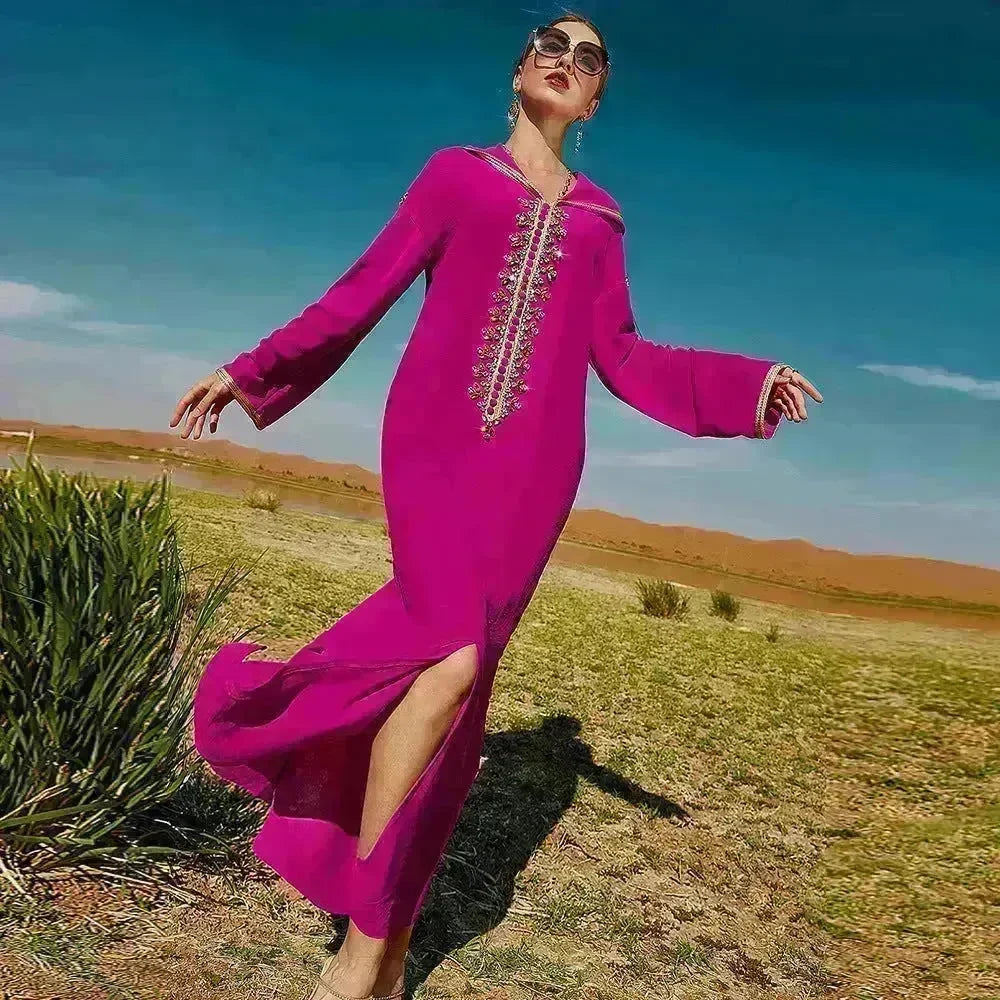 Women's Luxury Rose Red Hooded Middle East Moroccan Dubai Style Dress Fancy Embellish Summer Turkish dress - EX-STOCK CANADA