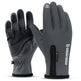 Pair of gray gloves with black accents on a white background