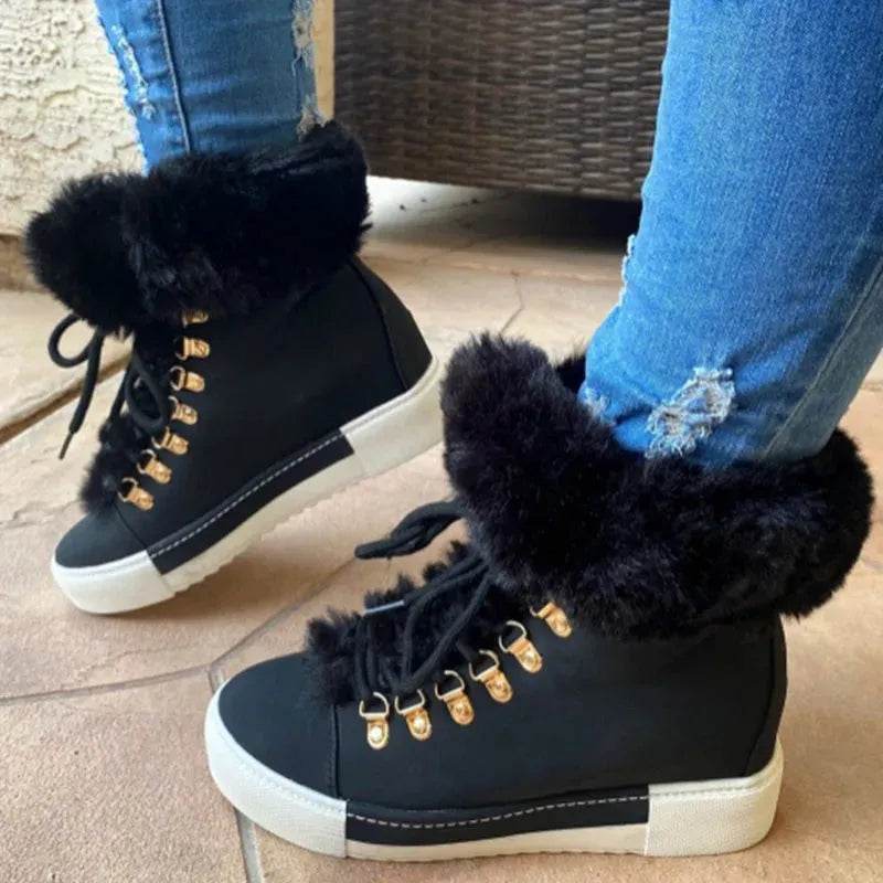 Lace-up Boots Cute Thick Sole Heighten Non Slip Snow Shoes Fall Winter Keep Warm Plush Lined Furry Ankle Boots Outdoor Walking Flat Shoes - EX-STOCK Canada