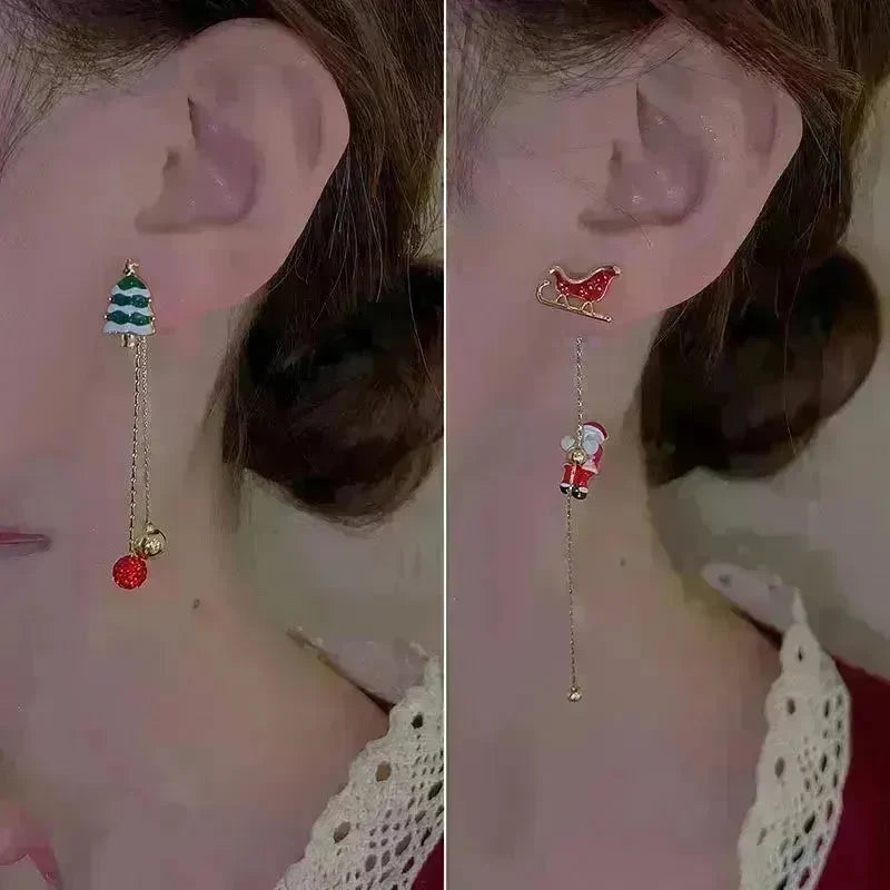 Ins Fashion Xmas Earrings Moving Santa Claus Long Tassel Earrings For Women Christmas Tree Snowflake Asymmetric Drop Earring - EX-STOCK CANADA