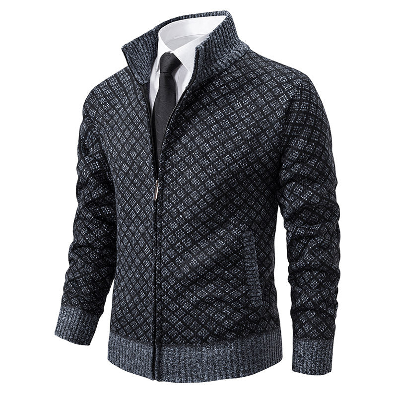 Thickened Plaid Print Jacket Cardigan Fashion Slim Fit Zipper Stand Collar Sweater Winter Men's Casual Long Sleeve Knitted Top Clothing EX-STOCK Canada 