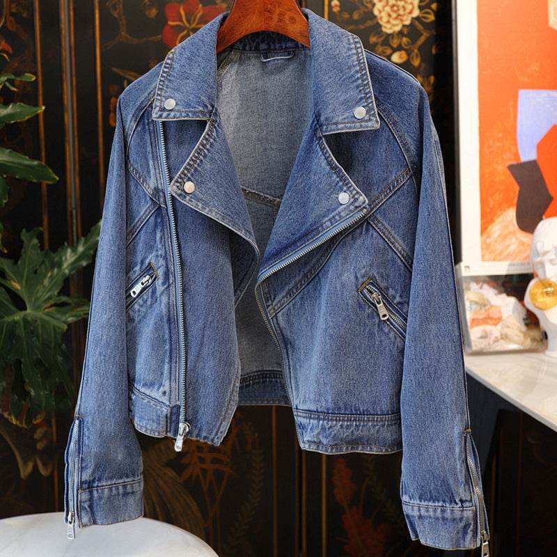 Large Lapel Long-sleeve Zipper Locomotive Style Denim Coat Jacket Women - EX-STOCK Canada