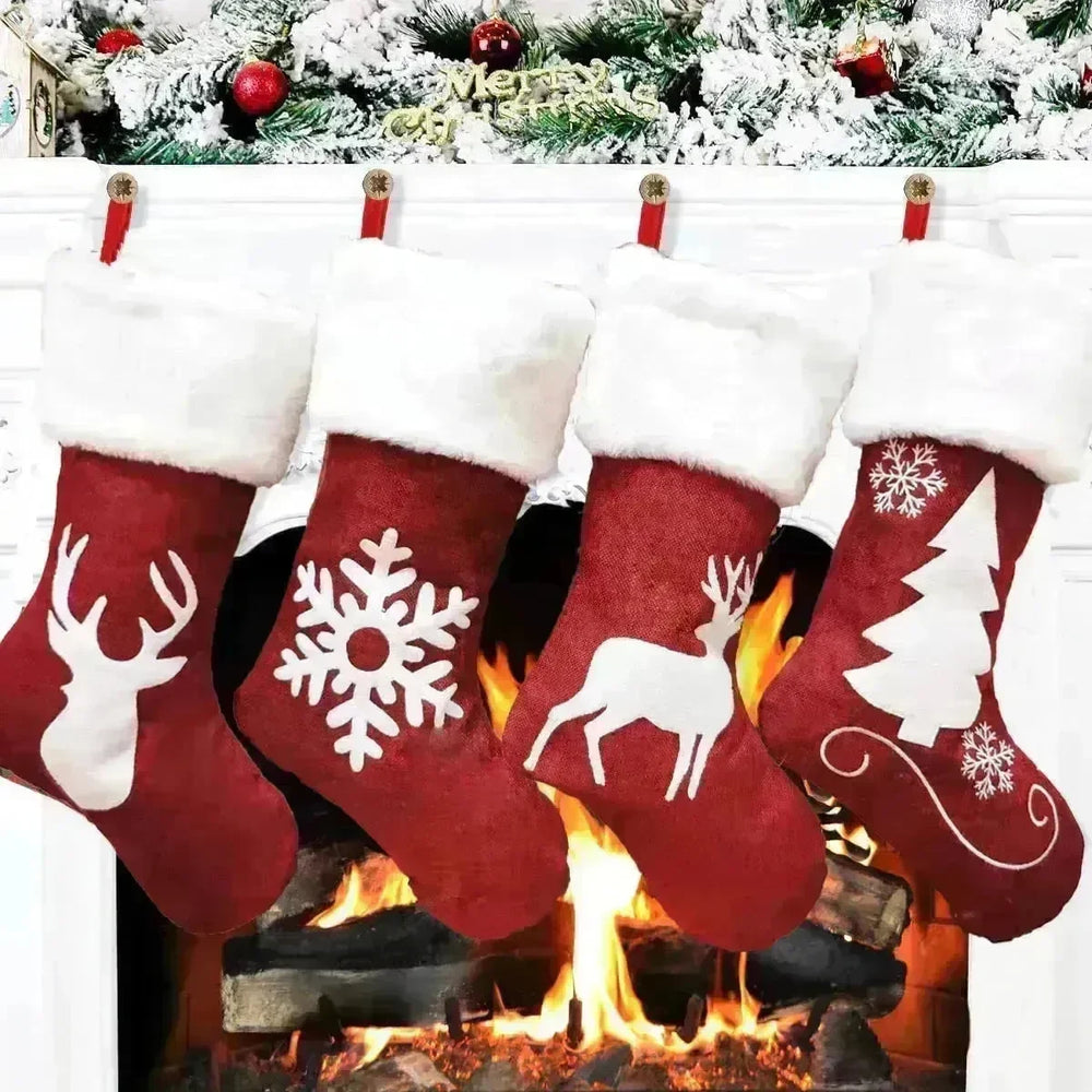 Christmas Stockings Gift Bag Red Hemp Elk Embroidery Christmas Stockings Gift Pendant - EX-STOCK CANADA