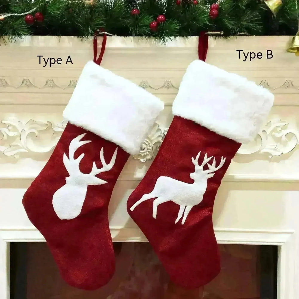 Christmas Stockings Gift Bag Red Hemp Elk Embroidery Christmas Stockings Gift Pendant - EX-STOCK CANADA