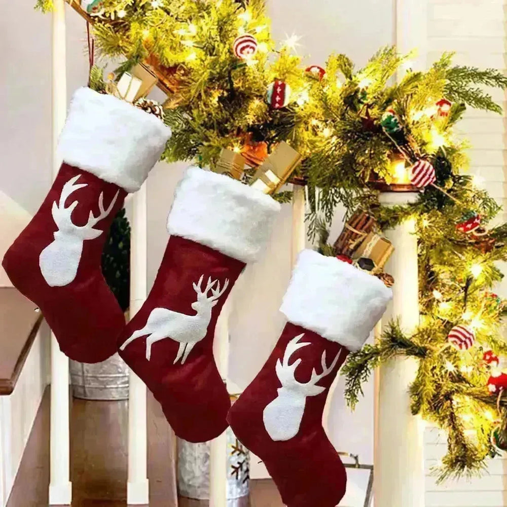 Christmas Stockings Gift Bag Red Hemp Elk Embroidery Christmas Stockings Gift Pendant - EX-STOCK CANADA