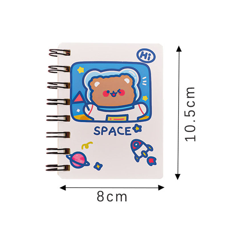 Small notebook with a cartoon bear astronaut design, dimensions indicated.