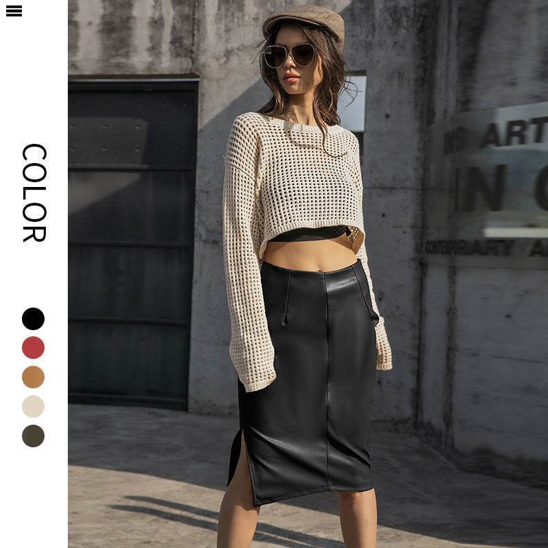 Russian Leather Midi Skirt PU Outer Belt Lining Side Zipper Back Zipper Design Sheath Women's Summer Side Slit Skirt - EX-STOCK CANADA
