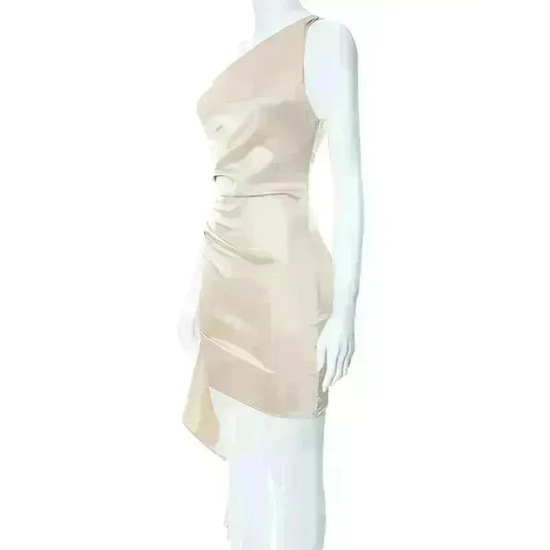 One-shoulder Sleeveless Mini Dress Charming Slim Backless Party Wedding Satin Dresses Womens Clothing - EX-STOCK CANADA