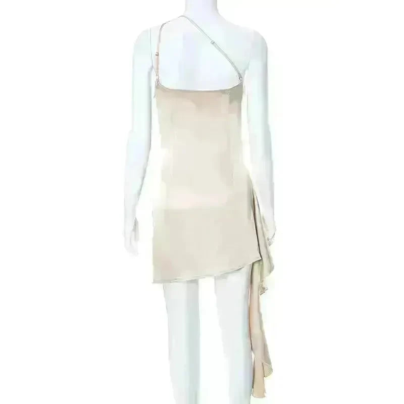 One-shoulder Sleeveless Mini Dress Charming Slim Backless Party Wedding Satin Dresses Womens Clothing - EX-STOCK CANADA