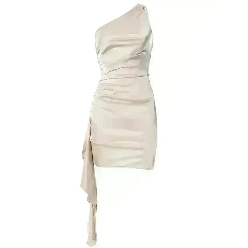 One-shoulder Sleeveless Mini Dress Charming Slim Backless Party Wedding Satin Dresses Womens Clothing - EX-STOCK CANADA
