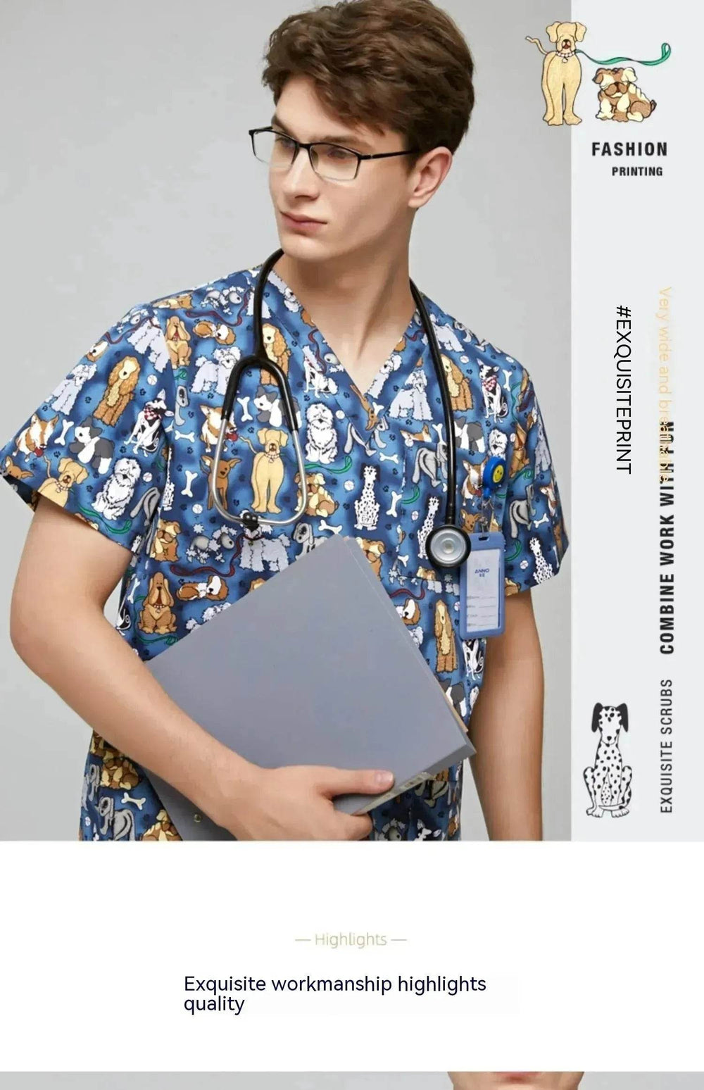 Surgical Gown Printed V-neck Pet Doctor Beauty Hospital Work Clothes Flower Dog Blue - EX-STOCK Canada