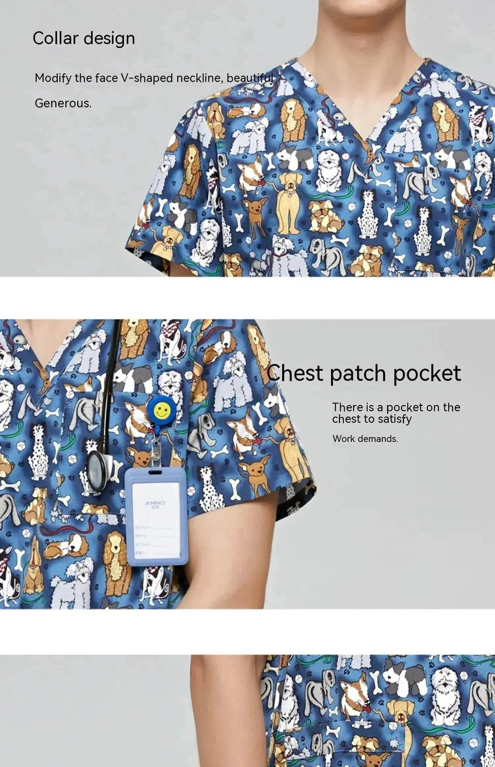 Surgical Gown Printed V-neck Pet Doctor Beauty Hospital Work Clothes Flower Dog Blue - EX-STOCK Canada