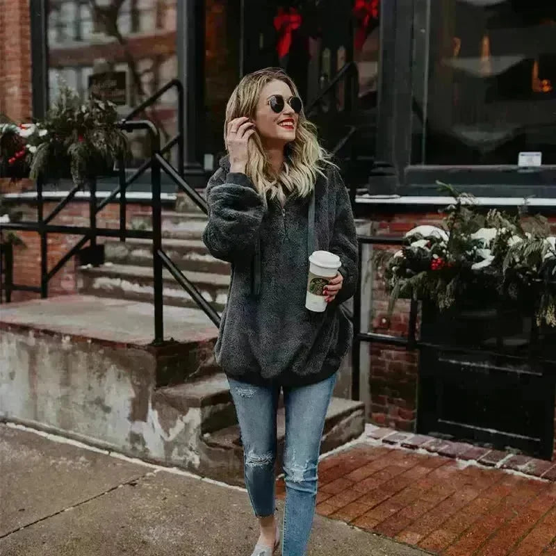 Women's Polerones Fleece Hoodie Pullover fall Winter Zipper Pocket Sweatshirt - EX-STOCK CANADA