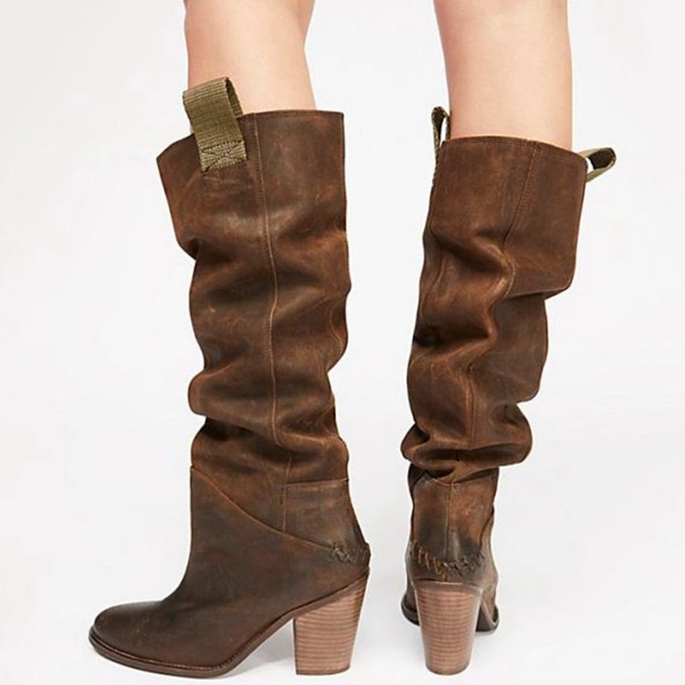 Women's Block Heel Slouchy Knee-High Boots – Retro PU Leather Stacked Heel