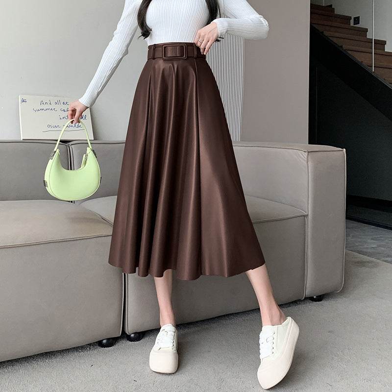 Elegant women High waist Flared Midi PU Leather skirt - EX-STOCK Canada