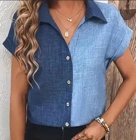 Color Block Button Up Blouse shirt  Elegant Lapel Neck Short Sleeve Blouse For Every Day - EX-STOCK CANADA