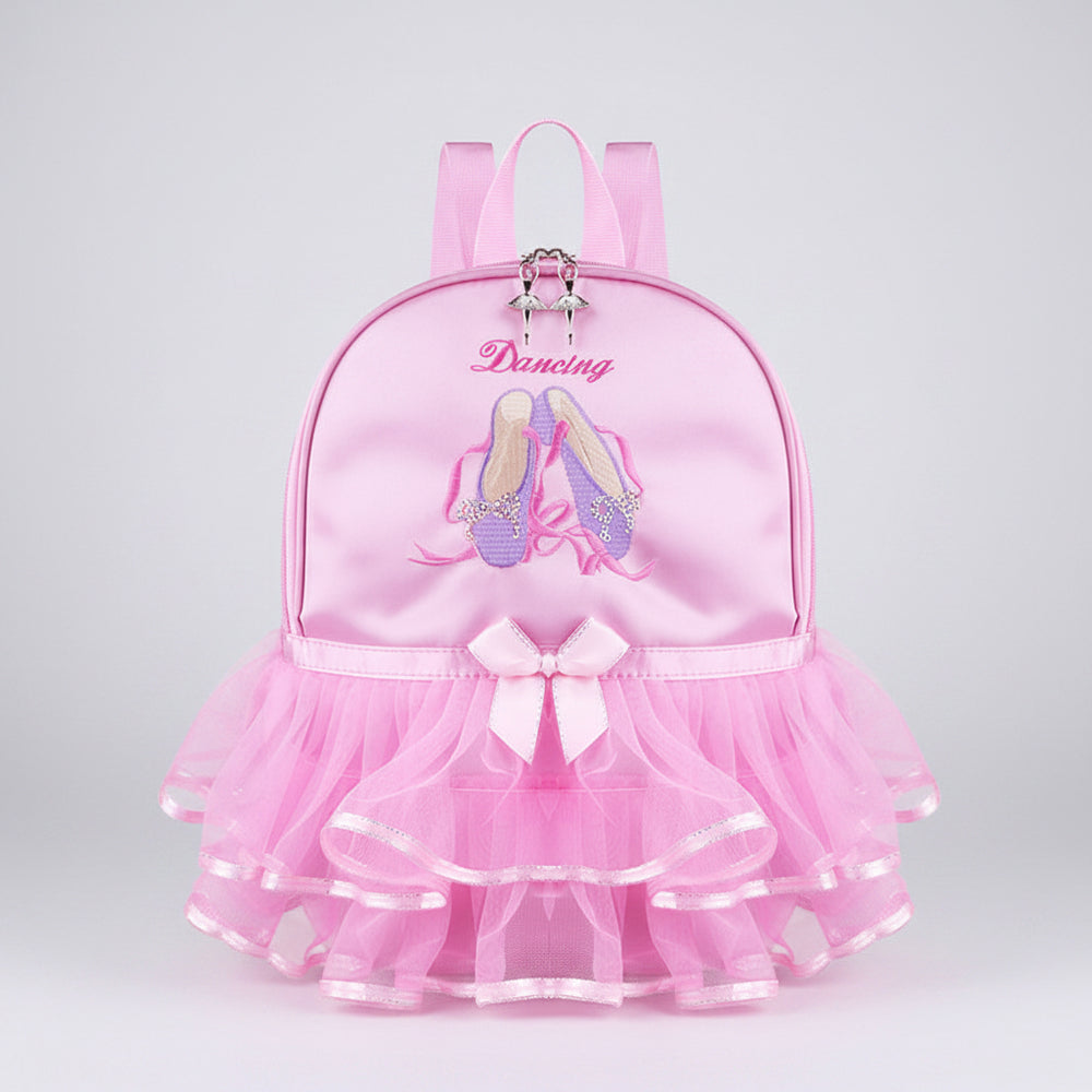 Pink backpack with ballet design and 'Dancing' text on a white background