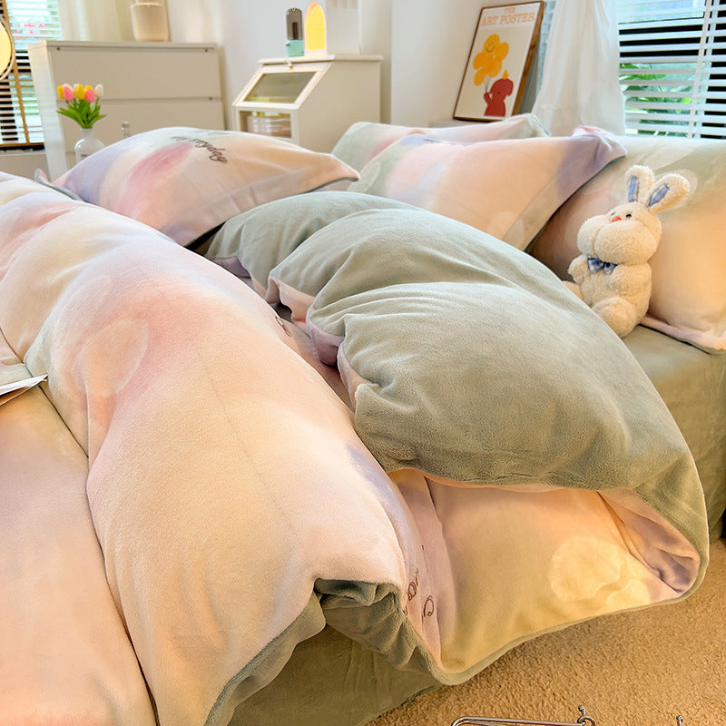 Nordic Striped Coral Fleece Duvet Cover Flannel Sheet Cover Three-piece Set EX-STOCK Canada 