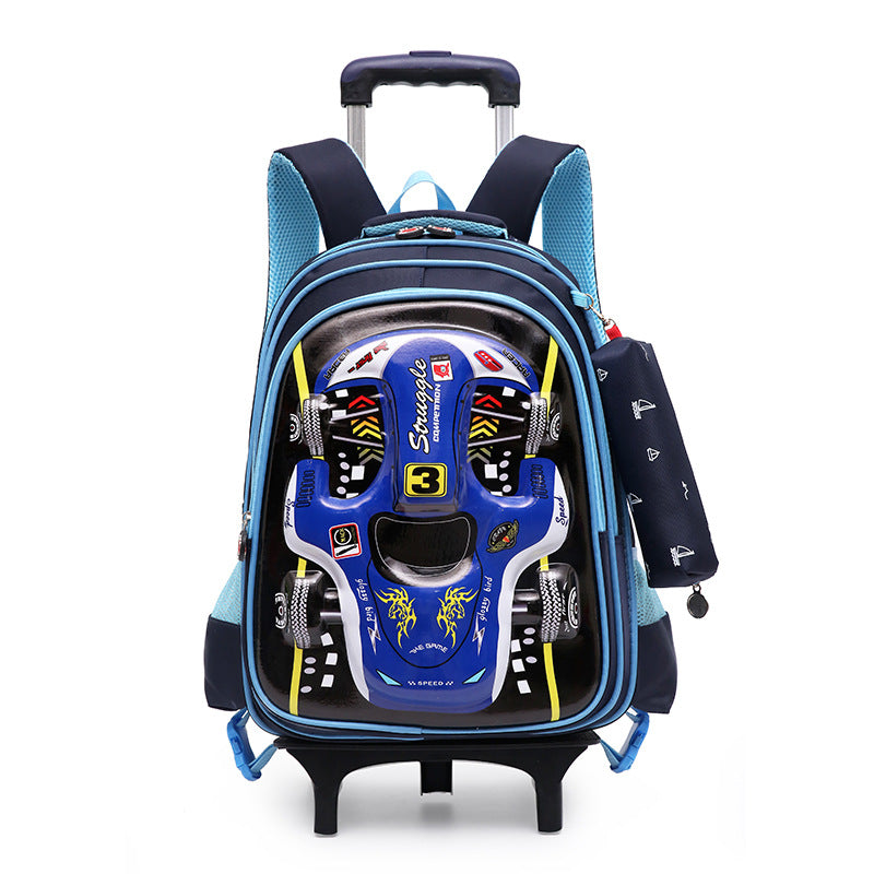 Trolley backpack with racing car design on a white background