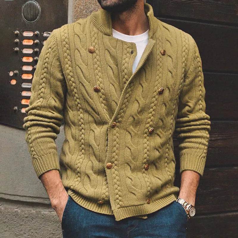 Men's Pure Color Half Collar Double-breasted Knitted Sweater Coat - EX-STOCK Canada
