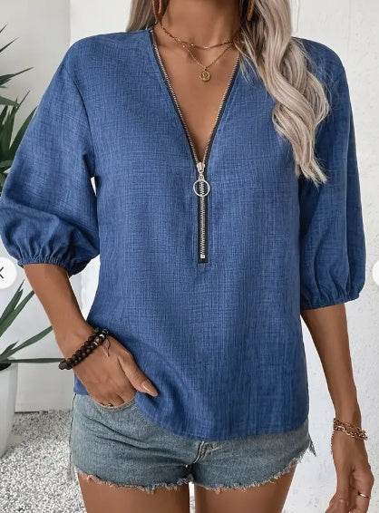 Elegant Deep V-Neck Zip-Up Blouse For Women - Chic Spring Fall Fashion, Machine Washable, Design, Sleeve - EX-STOCK Canada