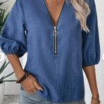 Elegant Deep V-Neck Zip-Up Blouse For Women - Chic Spring Fall Fashion, Machine Washable, Design, Sleeve - EX-STOCK Canada
