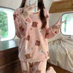 2pcs Women's Fall Winter Warm Pajamas Sets Coral Long Sleeve Cute Cartoon Bear Sleepwear Nightclothes - EX-STOCK CANADA