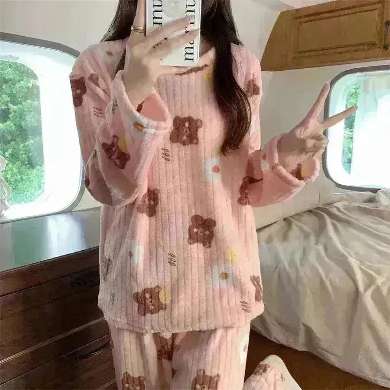 2pcs Women's Fall Winter Warm Pajamas Sets Coral Long Sleeve Cute Cartoon Bear Sleepwear Nightclothes - EX-STOCK CANADA