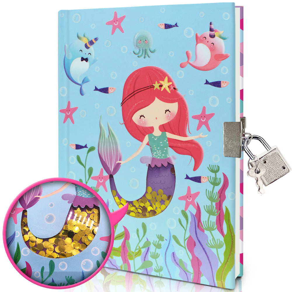 Children's notebook with mermaid design, lock, and key on a white background