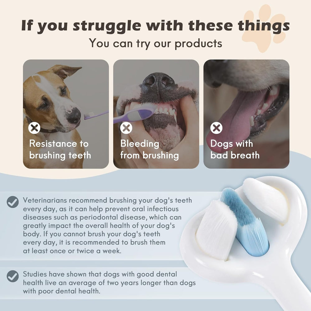 Brosse à dents pour chien à poils nano ultra doux, kit de soin dentaire pour animaux de compagnie, conception à 3 côtés pour un nettoyage facile des dents, adaptée à tous les chiens, pour les dents et les gencives sensibles de votre animal 