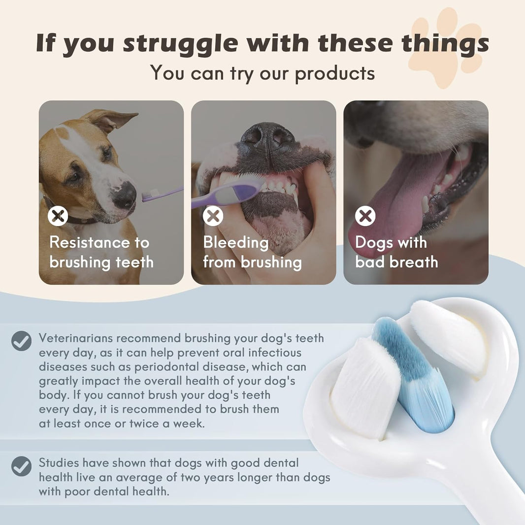فرشاة أسنان للكلاب بشعيرات نانوية فائقة النعومة، طقم للعناية بأسنان الحيوانات الأليفة، تصميم ثلاثي الجوانب لتسهيل تنظيف الأسنان، مناسبة لجميع الكلاب، لأسنان ولثة حيواناتك الأليفة الحساسة 
